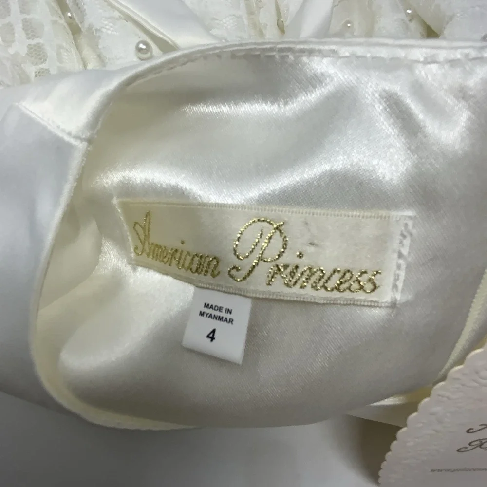 American Princess Girls White Dress‎ With Pearls Lace Crinoline Size 4 Holiday